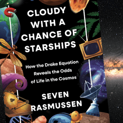 A picture of Seven Rasmussen on a starry background next to a picture of the front cover of her book Cloudy with a Chance of Starships.