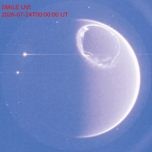 A square blue image, with a little over half of Earth taking up most of the image. Earth looks like how we see the Moon when it is waxing or waning at just over a half-Moon. Because this is an ultraviolet image, Earth does not appear in its usual colours, but is light blue with a white ring. This ring is about a third of the size of the face of Earth that we see, and is quite swirly, like clouds or dye being mixed with water. The background of the image is dark blue, with some tiny white dots: these are stars. The stars are moving downwards, giving the impression that the satellite taking the footage is moving. A square blue image, with a little over half of Earth taking up most of the image. Earth looks like how we see the Moon when it is waxing or waning at just over a half-Moon. Because this is an ultraviolet image, Earth does not appear in its usual colours, but is light blue with a white ring. This ring is about a third of the size of the face of Earth that we see, and is quite swirly, like clouds or dye being mixed with water. The background of the image is dark blue, with some tiny white dots: these are stars. The stars are moving downwards, giving the impression that the satellite taking the footage is moving.