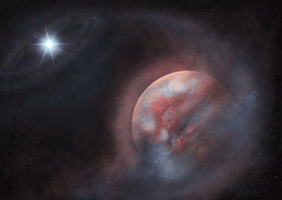 The planet is seen with a gaseous envelop being stripped and falling onto a white dwarf.