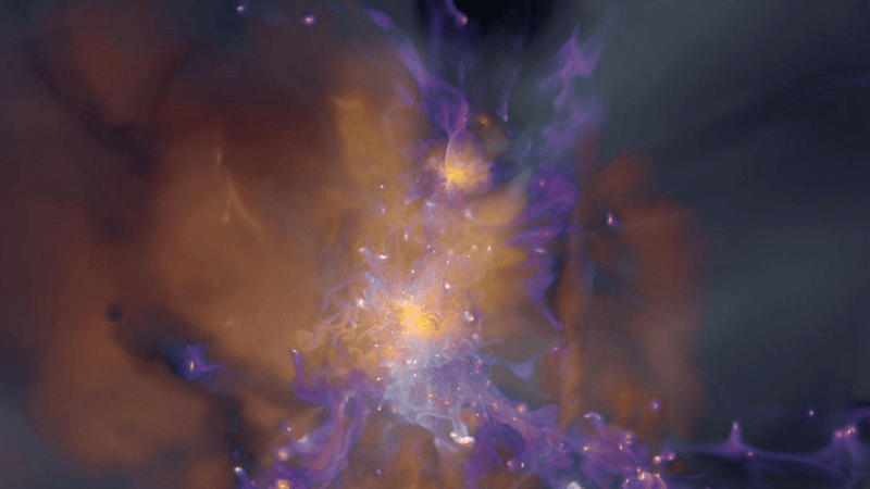 Chaotic swirls of different color swirls all seem to converge to a handful of over densities – they will become our galaxy