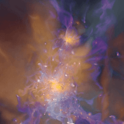 Chaotic swirls of different color swirls all seem to converge to a handful of over densities – they will become our galaxy
