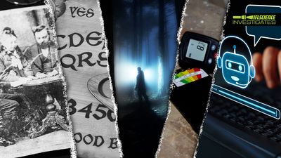 collage of images from left to right showing a black and white photo of a seance, a black and white photo of part of a ouija board, a silhouette of a person in a dark forest shining a torch, an EMF meter, and a laptop with an electronic drawing of a robotic chatbot. A logo in the top right reads IFLSCIENCE INVESTIGATES