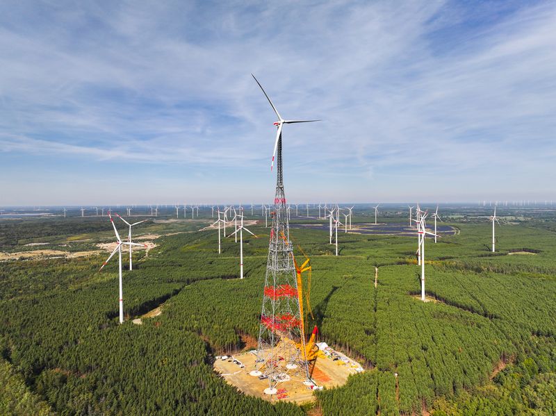 The GICON high-altitude wind turbine looms over the landscape of Schipkau in the State of Brandenburg, eastern Germany