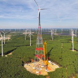 The GICON high-altitude wind turbine looms over the landscape of Schipkau in the State of Brandenburg, eastern Germany