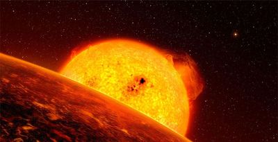 artist impression of a molten world under an expanding star