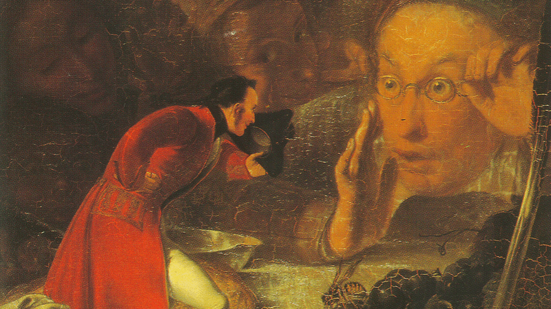 Painting of Gulliver meeting a giant Brobdingnag Farmer.