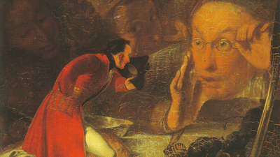 Painting of Gulliver meeting a giant Brobdingnag Farmer.