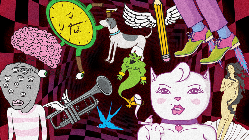 A illustrated montage of weird characters, including a clock with a face, a pencil with wings and a genie emerging from a lamp.