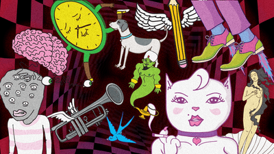 A illustrated montage of weird characters, including a clock with a face, a pencil with wings and a genie emerging from a lamp.