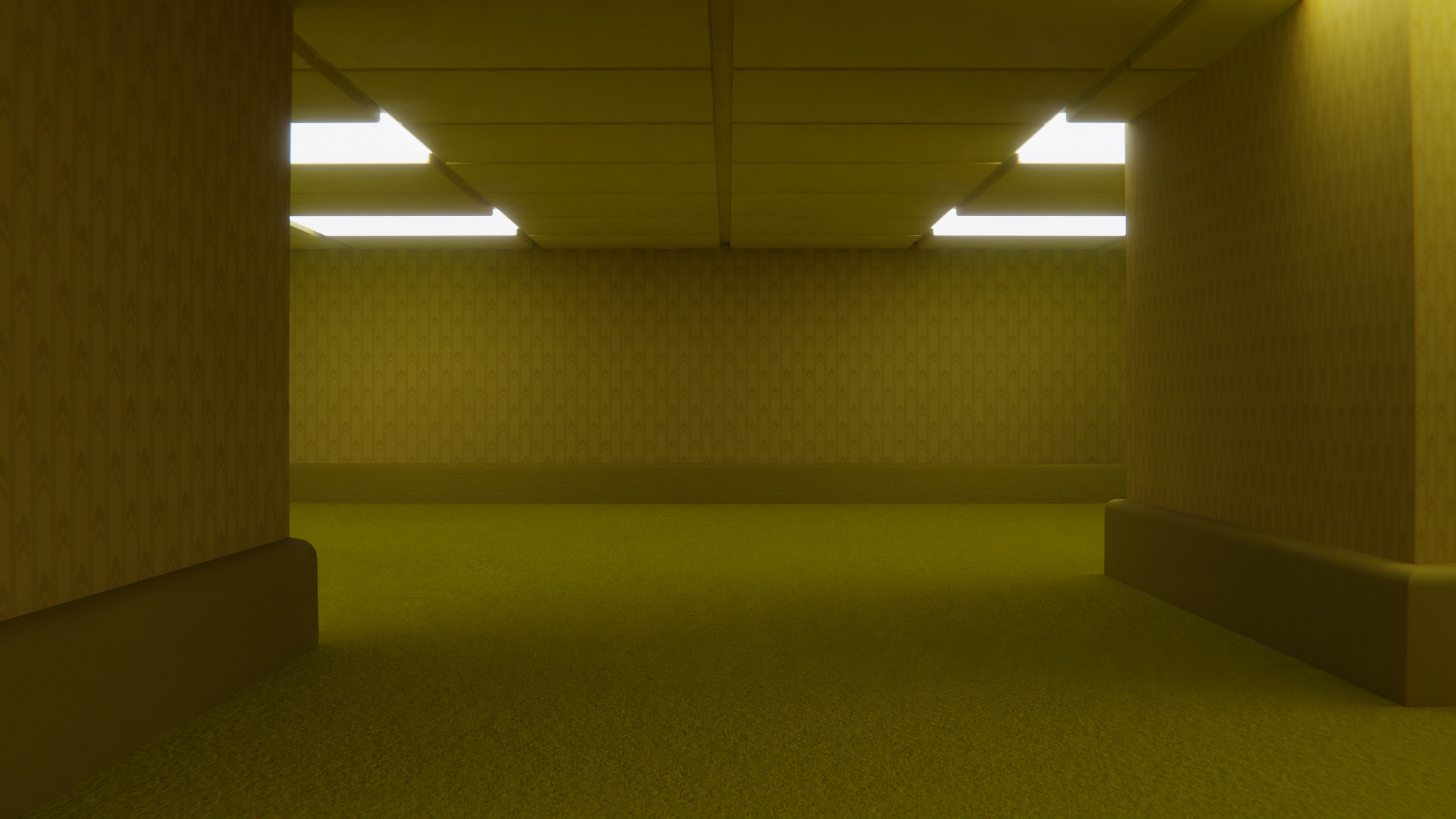 A picture of a yellow corridor with overhead strip lighting. A picture of a yellow corridor with overhead strip lighting.