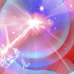 artist impression of the burst with the signal from it reaching one meerkat antenna and jwst honeycomb structre is overlayed in the sky