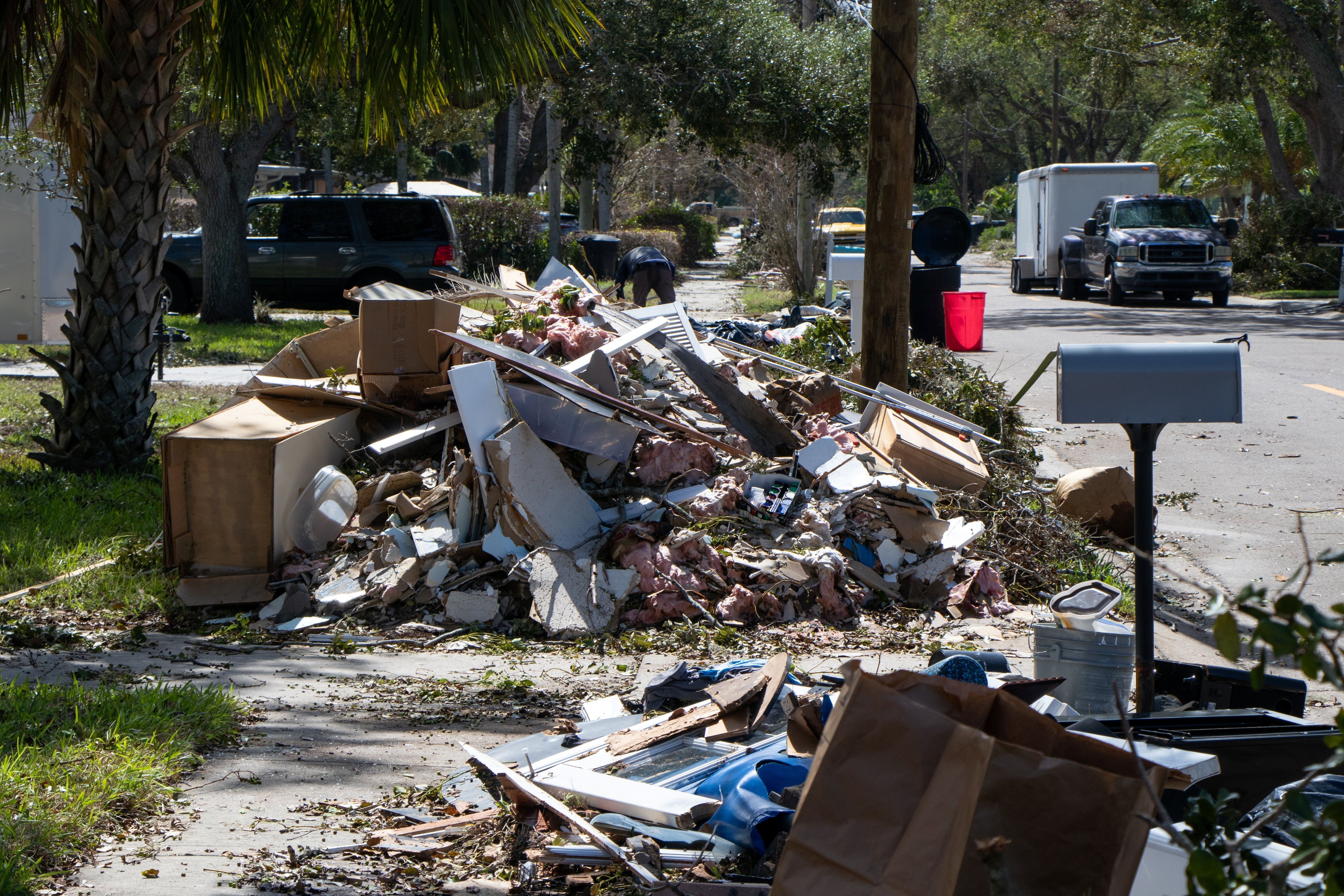 Clearwater, Florida, USA - October 11, 2024: Damage items and piles of debris from Hurricane Milton Clearwater, Florida, USA - October 11, 2024: Damage items and piles of debris from Hurricane Milton