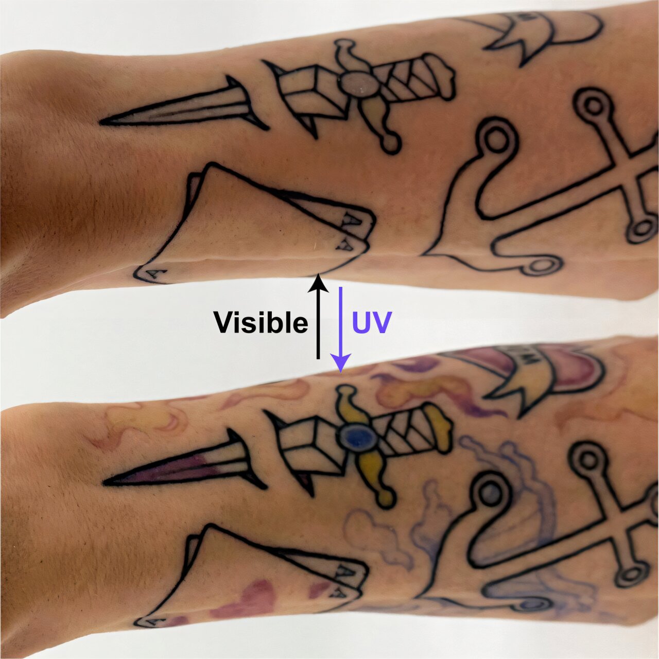 A comparison between two tattooed arms, the top one showing simple black outlines of playing cards and a dagger, the bottom showing colored detail including a red heart on the cards and blue gem on the dagger. A comparison between two tattooed arms, the top one showing simple black outlines of playing cards and a dagger, the bottom showing colored detail including a red heart on the cards and blue gem on the dagger.