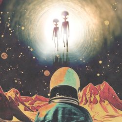 a vintage space poster with overimposed aliens coming out from a sky portal