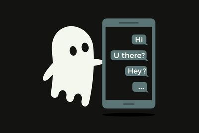 cartoon ghost next to a cartoon mobile phone with three messages and no replies. The messages read "Hi", "U there?", and "Hey?" and the last one is an ellipsis to indicate the same person typing