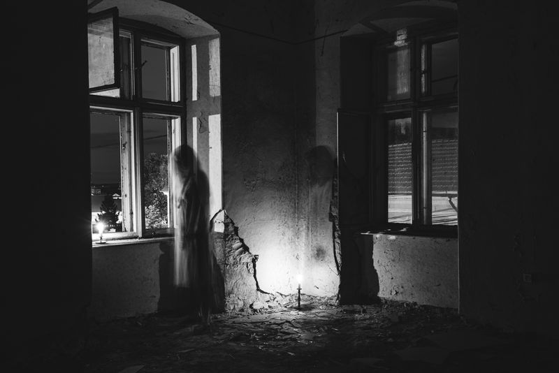 A ghostly figure standing in an abandoned room looking out the window.