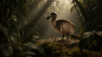 An artist's impression of the dodo in a moody forest.