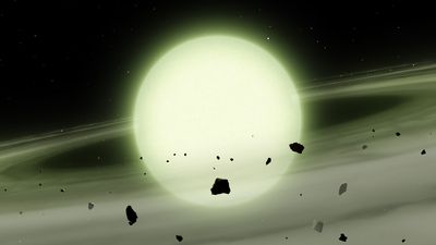 artist impression of a green white dwarf with a ring of material around it