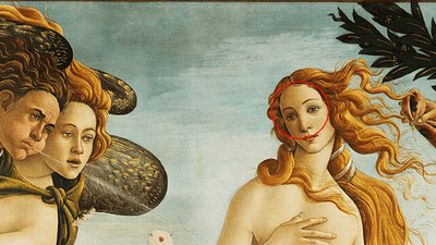 Botticelli's Birth of Venus. Venus's eyes are highlighted with a red circle.