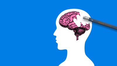 illustration of a human head facing to the left in white on a blue background. The brain is illustrated in pink and there is a pencil erasing part of it.