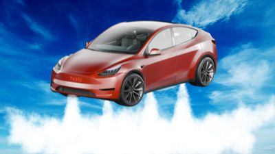 a photoshopped roadster with steam coming out of rockets under the car while flying in the sky