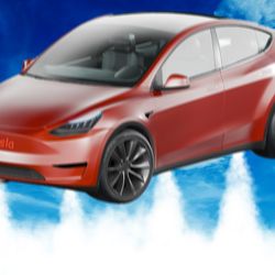 a photoshopped roadster with steam coming out of rockets under the car while flying in the sky