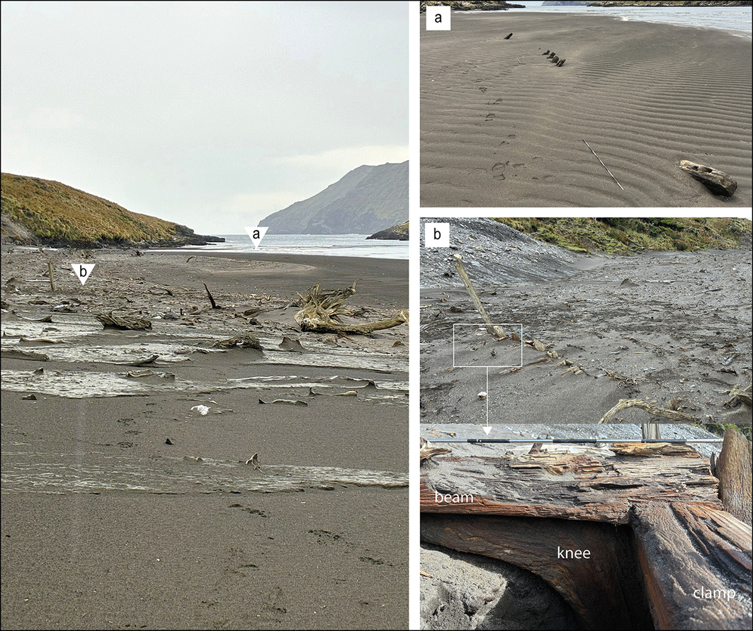 Three pictures showing wooden structures emerging from the sand, including wood that has been worked into arches. Three pictures showing wooden structures emerging from the sand, including wood that has been worked into arches.