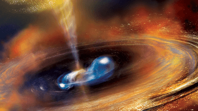 Two neutron stars begin to merge in this illustration, blasting a jet of high-speed particles and producing a cloud of debris