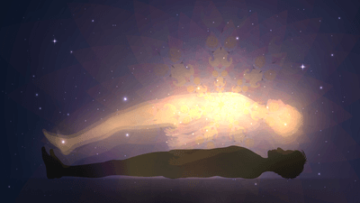 Illustration of a person's soul hovering above their body.